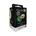 Gold metal butt plug with green emerald gemstone center by ouch packaged as shots ouch round gem small gold emerald green