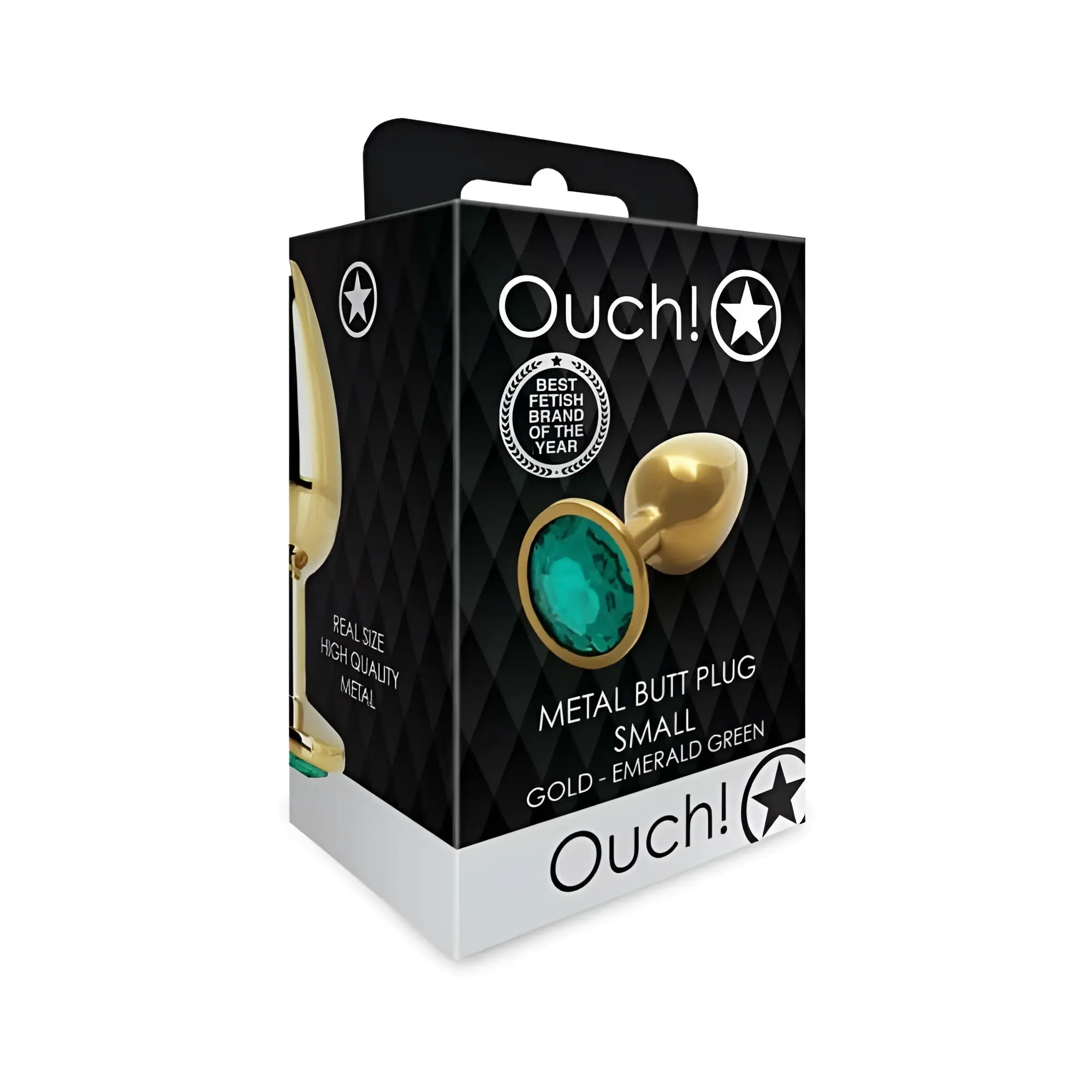 Gold metal butt plug with green emerald gemstone center by ouch packaged as shots ouch round gem small gold emerald green