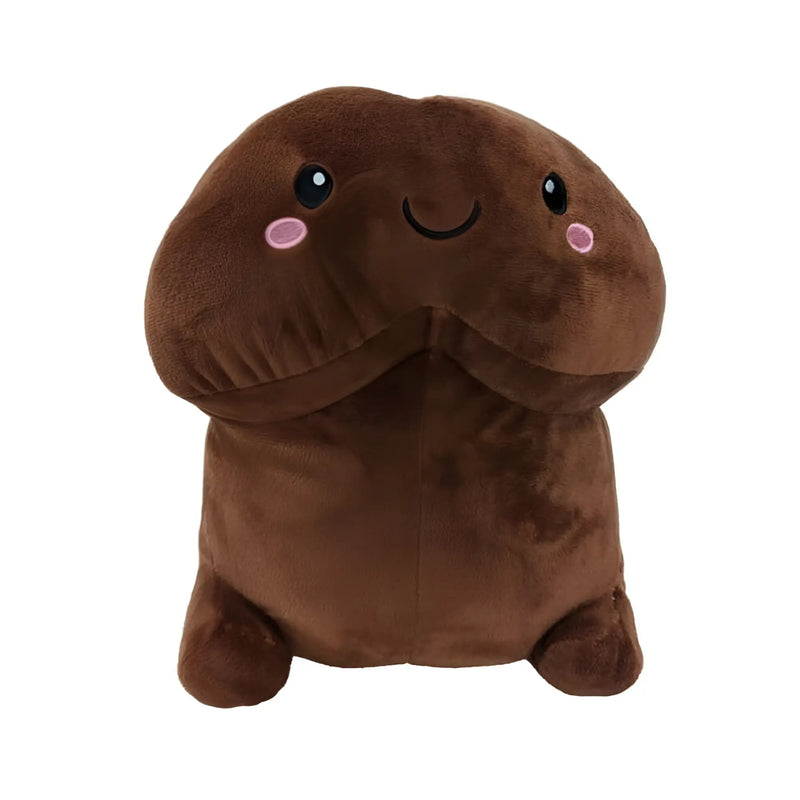 Brown plush toy with black eyes pink cheeks and smiling face shots short penis stuffy 11.80 in brown