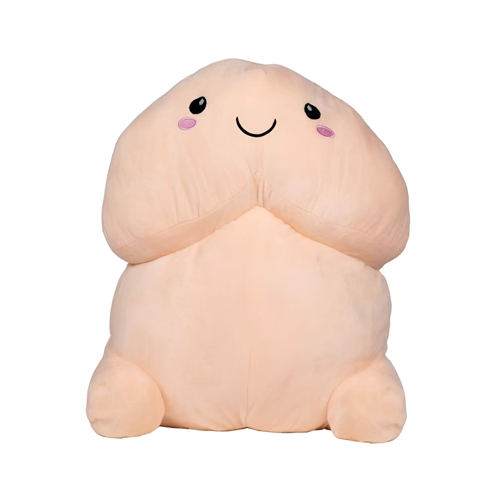A soft beige plush shots short penis stuffy with a cute smiling face and rosy cheeks measuring 19.70 inches