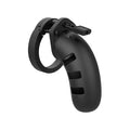 Shots Silicone Chastity Cock Cage: A sleek, matte black, ventilated silicone cage with a matching base ring and lock.