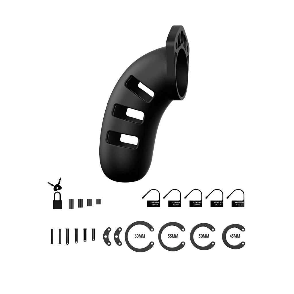 Shots silicone chastity cock cage in matte black, shown with included padlock, spacers, and various sized base rings.