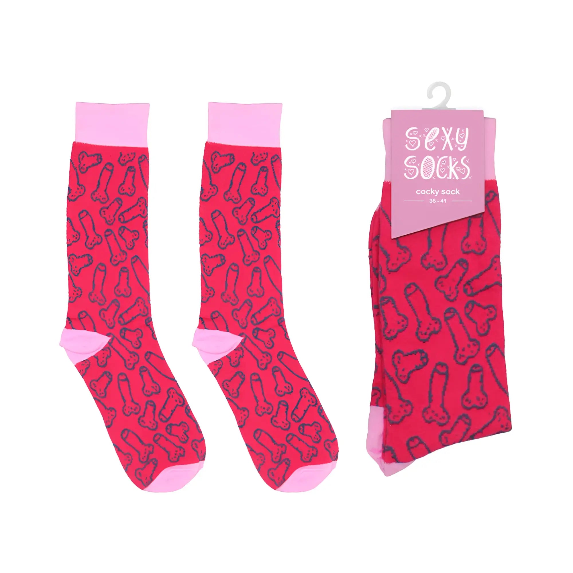 Pair of bright pink shots socks cocky socks s/m with black outlined cocky designs and matching pink toe and heel accents