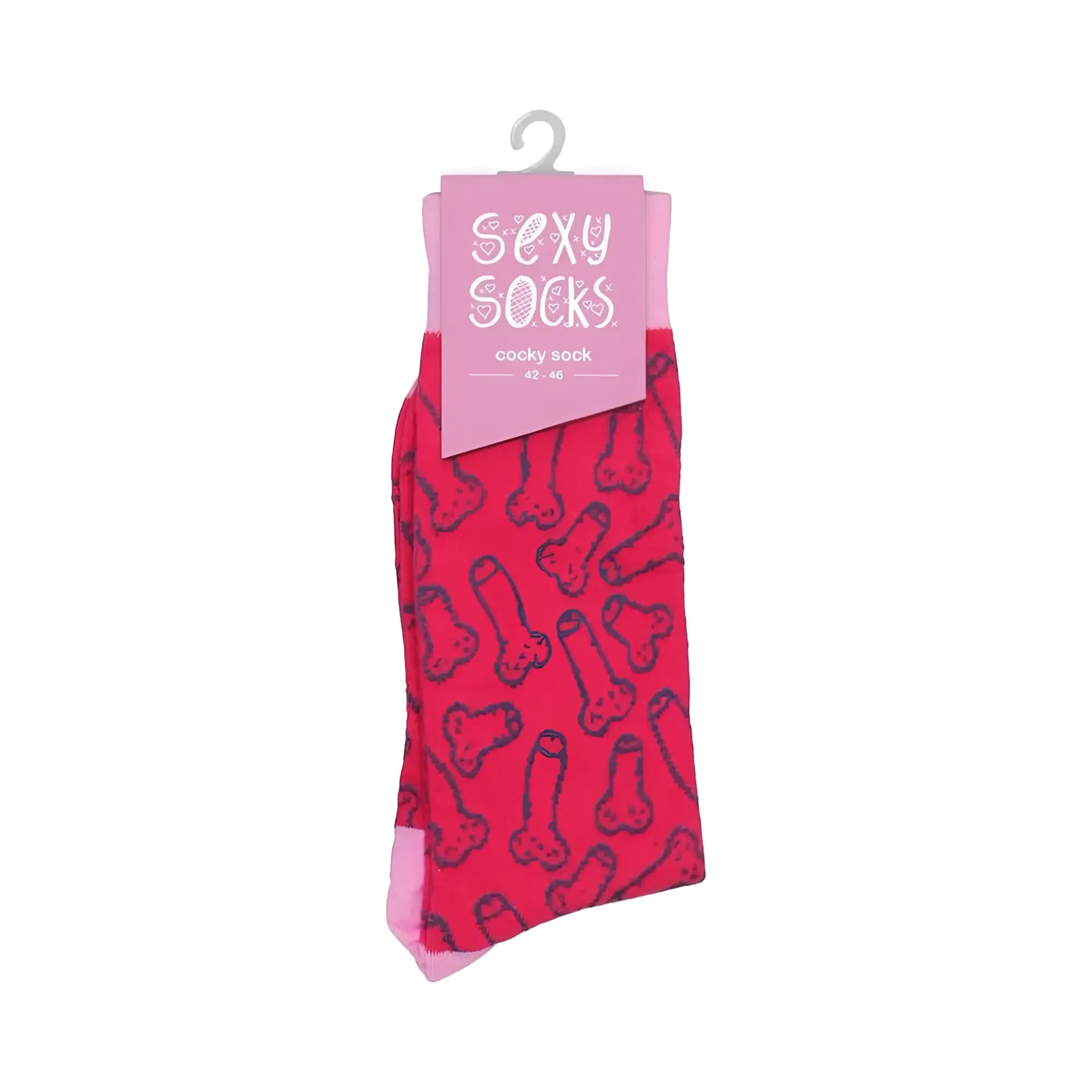 A pair of bright pink shots socks cocky sock with black outlined phallic pattern and a matching pink sexy socks tag
