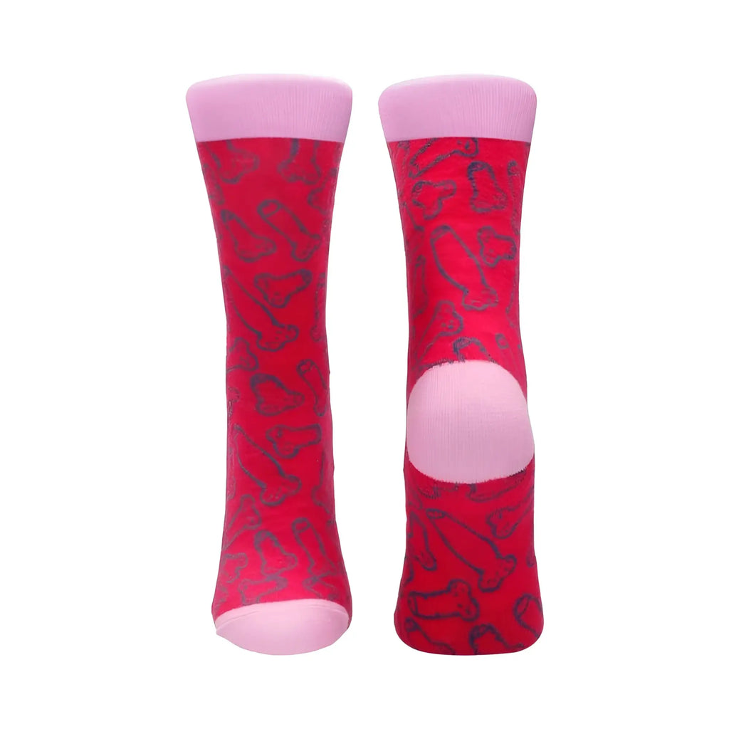 A pair of shots socks cocky sock s/m in vibrant red with abstract dark gray pattern and soft pink toe heel and cuff accents