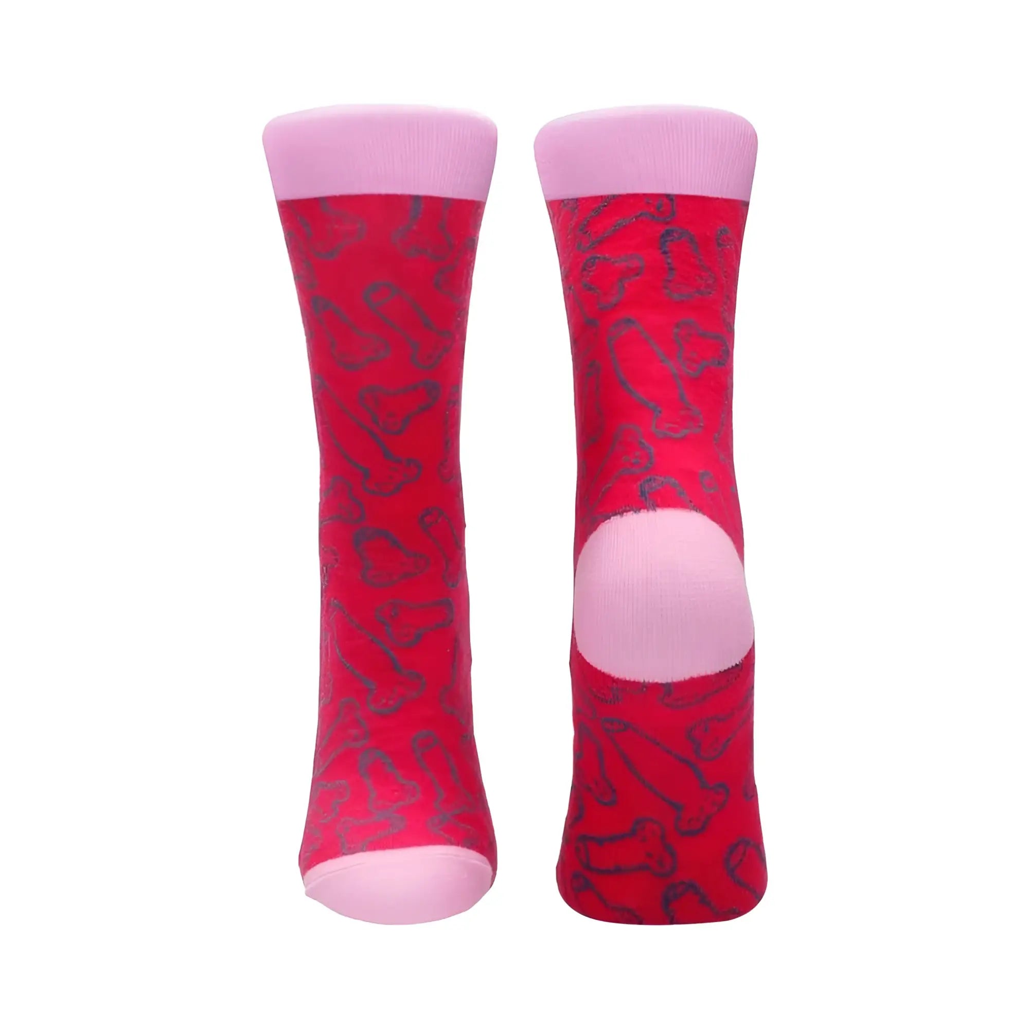 A pair of shots socks cocky sock s/m in vibrant red with abstract dark gray pattern and soft pink toe heel and cuff accents