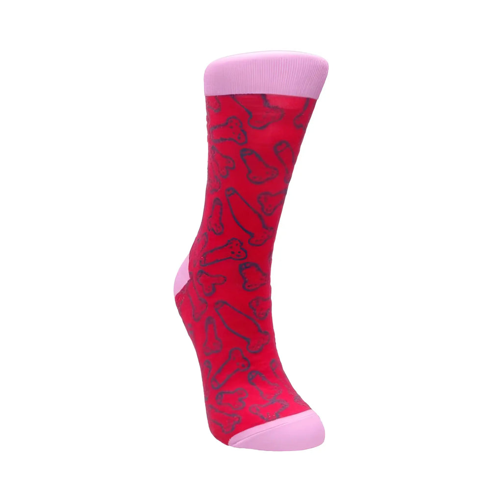 Shots socks cocky sock s/m is a vibrant red sock with dark pink bone pattern and light pink trim on top and toe