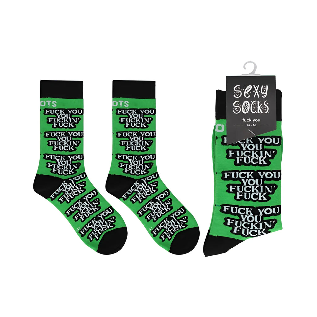 Bright green shots socks with black toe and heel featuring bold white fuck you text design on hangers m l size