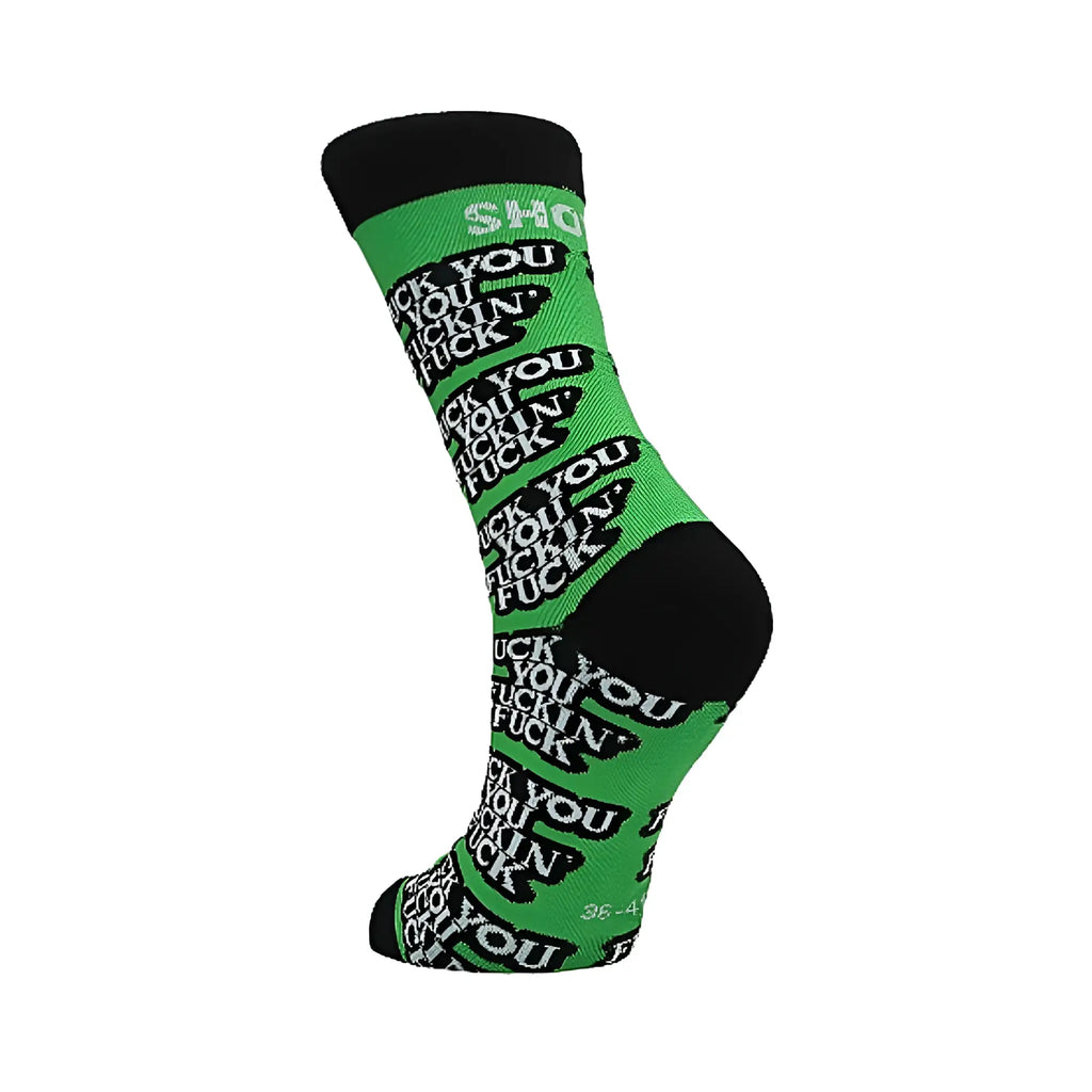 Bright green Shots Socks fuck you M/L with black toe and heel featuring bold white repeating text pattern