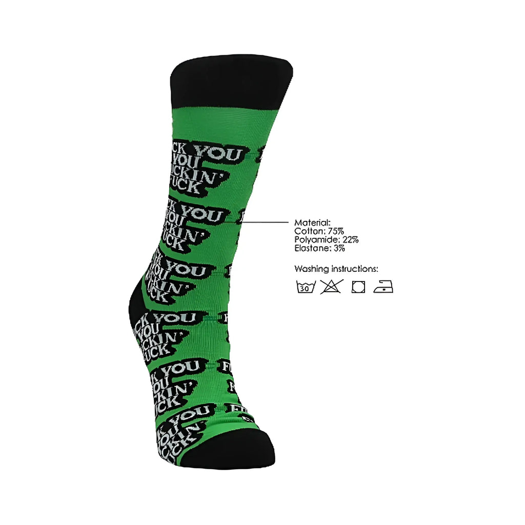 Bright green shots socks fuck you M/L with black toe cuff and bold white repeating text pattern on the front side