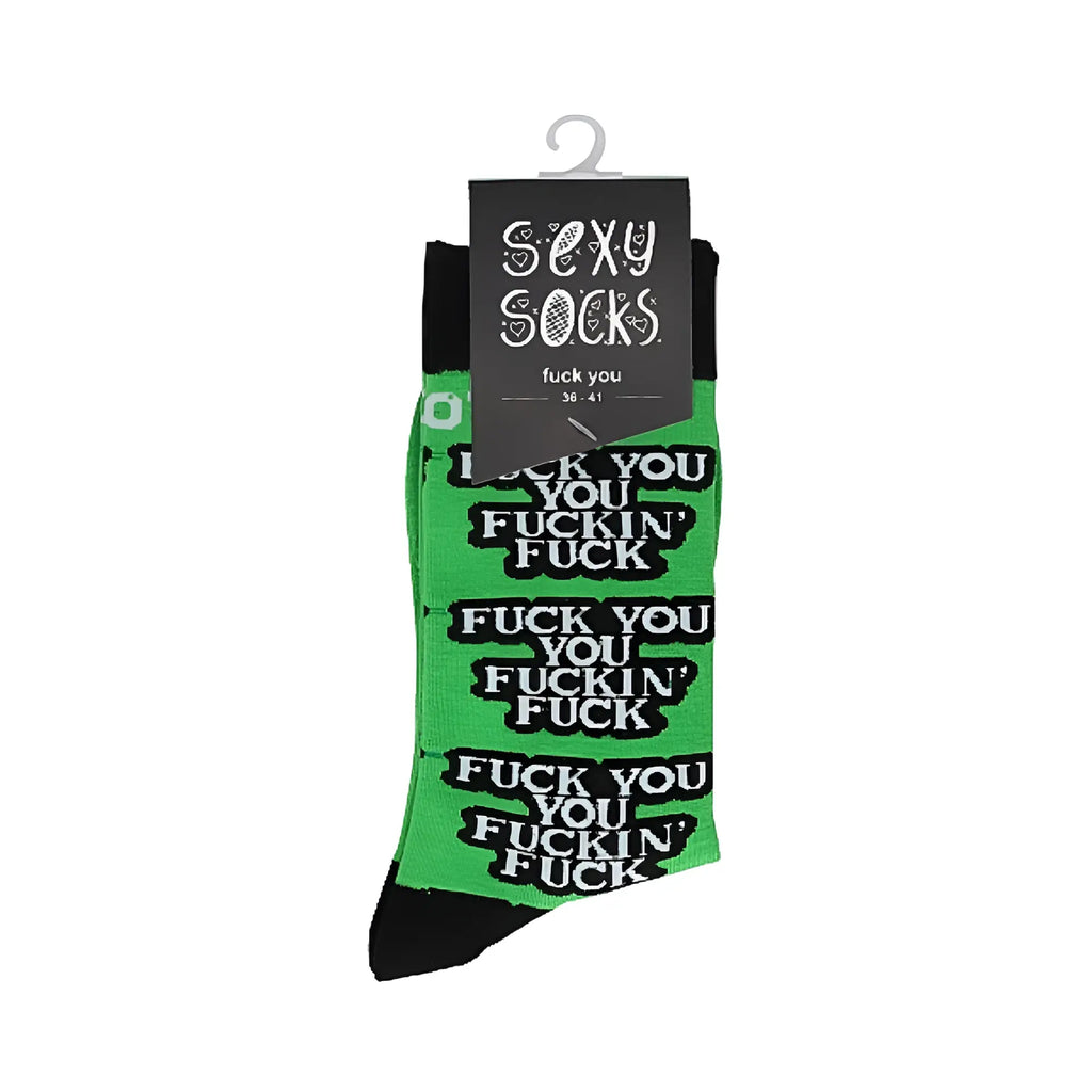 Green and black novelty shots socks with bold white fuck you text and sexy socks branded packaging in m l size