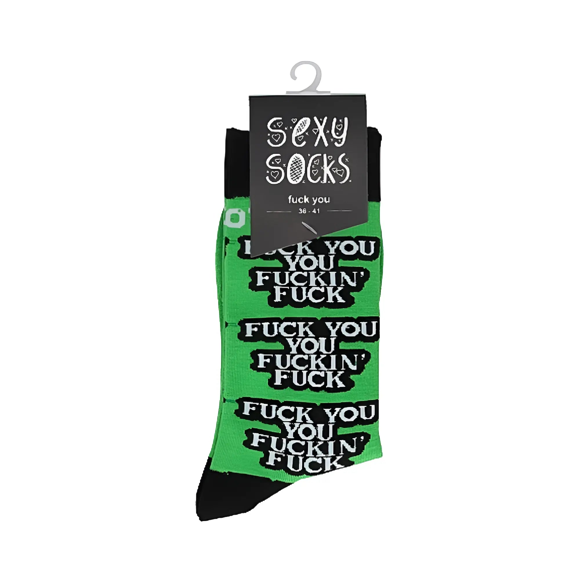 Green and black novelty shots socks with bold white fuck you text and sexy socks branded packaging in m l size