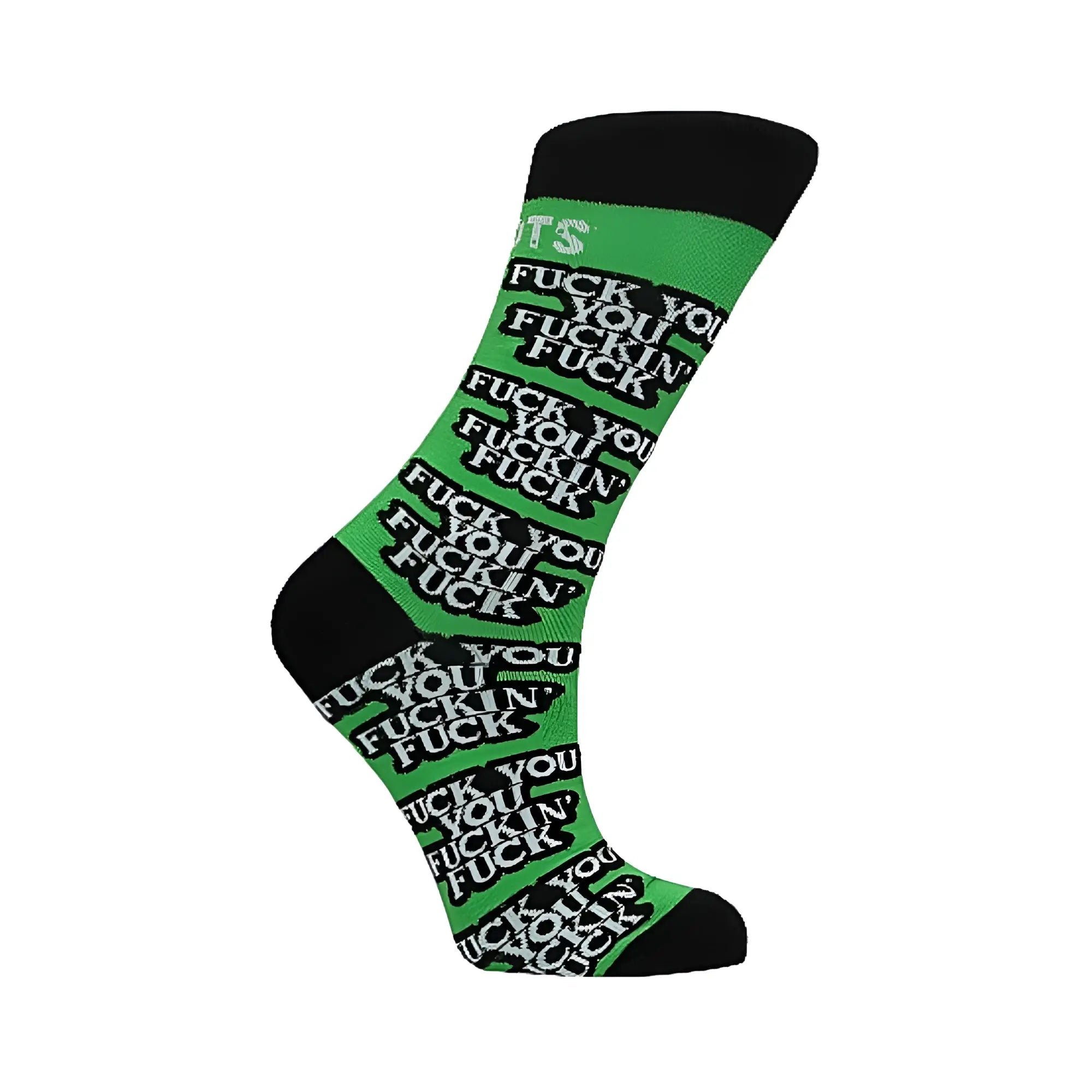 Green shots socks m/l with black toe heel cuff and bold white fuck you pattern for casual wear