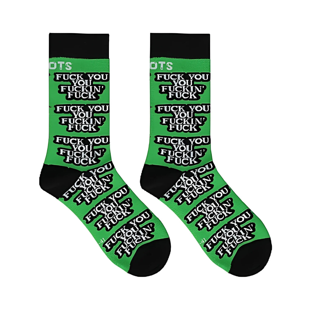 Bright green shots socks with black toe and heel featuring bold repeating white fuck you text design in size s m