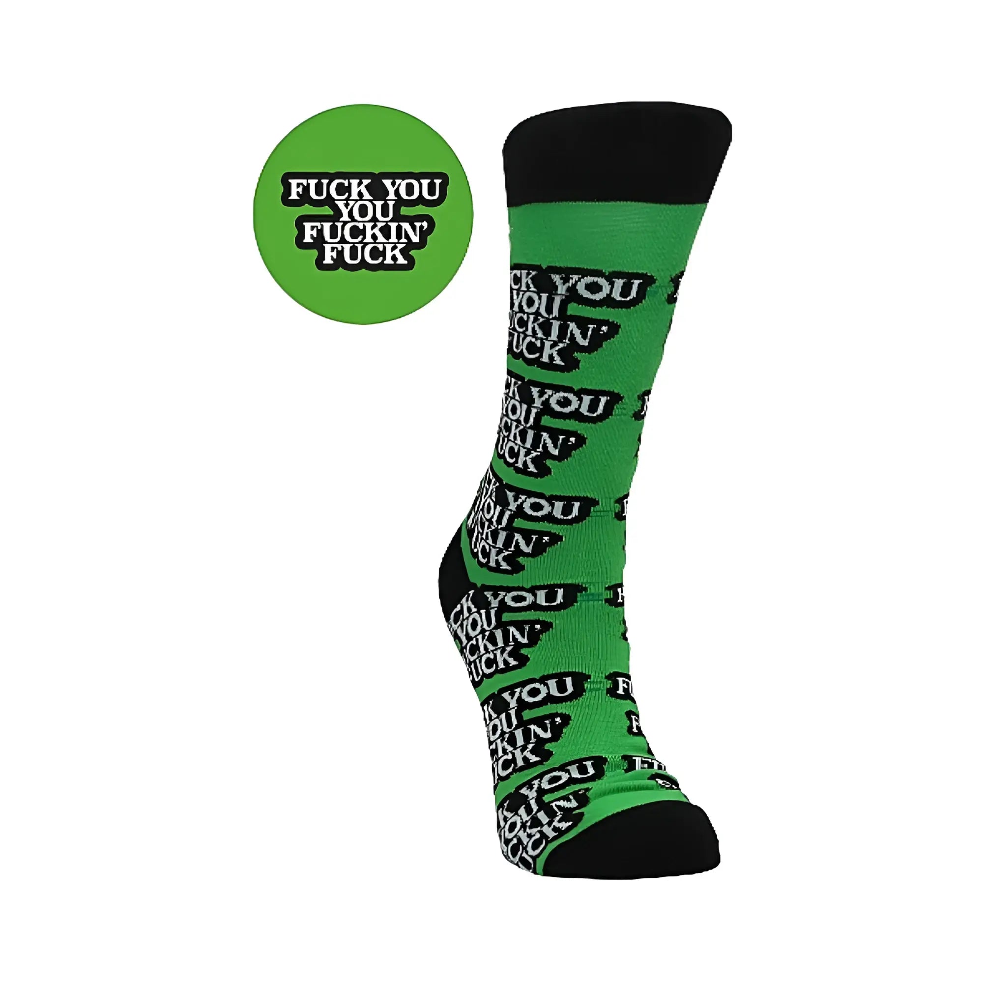 Bright green shots socks with black toe and heel featuring bold black fuck you fuckin fuck text in size s m