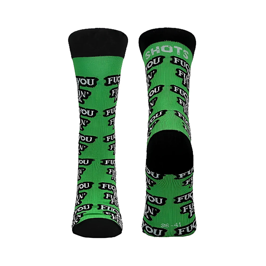 Green socks with black toe and heel featuring bold white repeating fuck you pattern in shots socks fuck you s m design