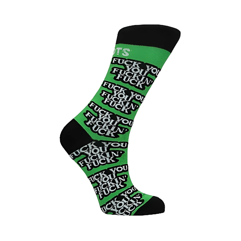 Green shots socks with black toe heel and cuff featuring bold white repeating fuck you pattern in s m size