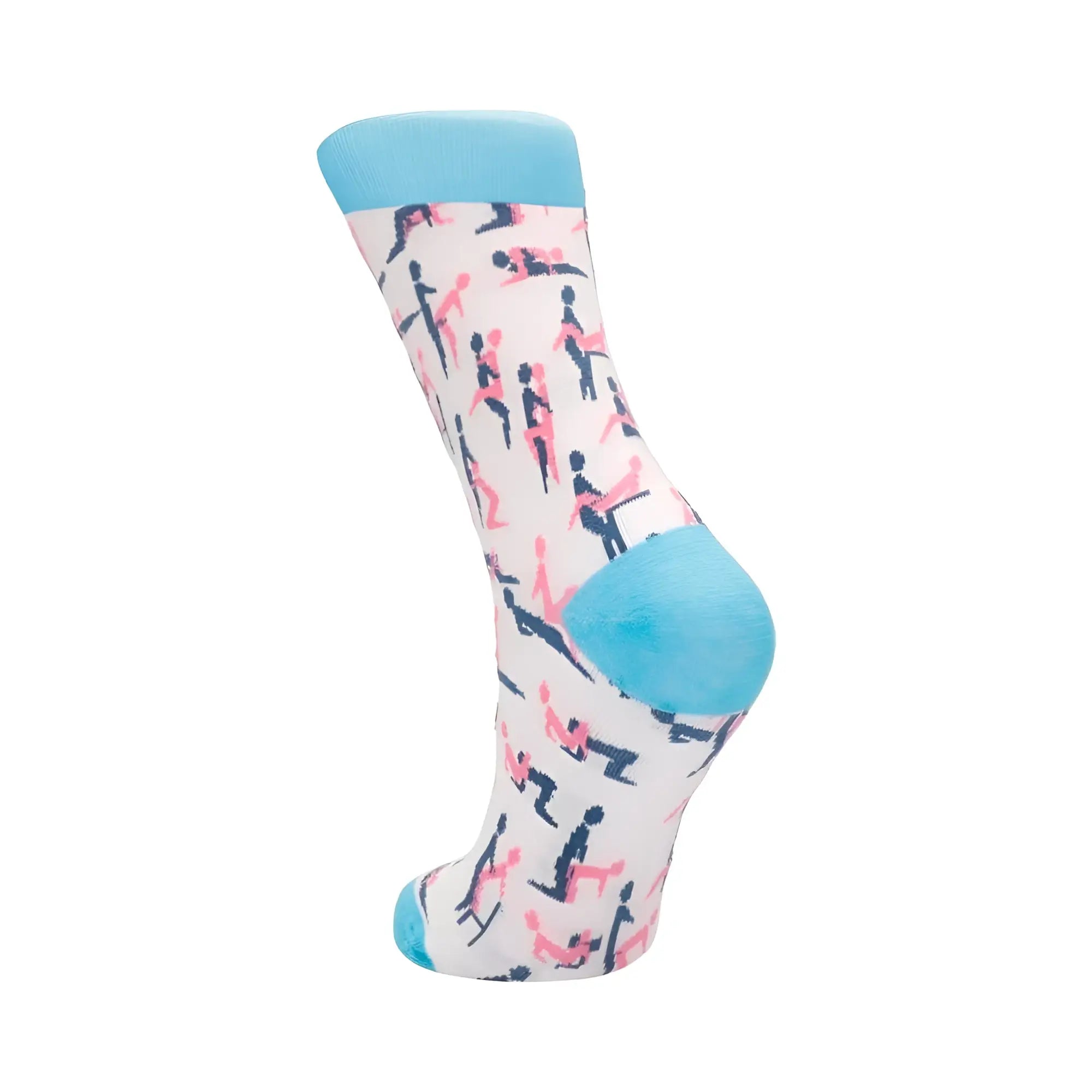 A playful white shots sutra sock sm with pink and navy blue silhouettes and light blue trim at cuff heel and toe