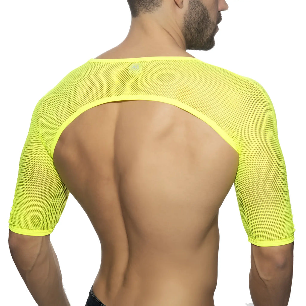 Bright neon yellow shoulder top with mesh fabric cutout back and elasticated edges for a stylish fit