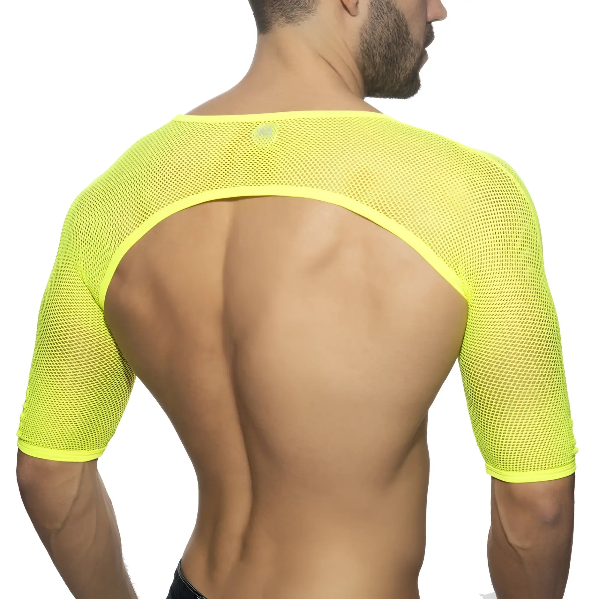 Bright neon yellow shoulder top with mesh fabric cutout back and elasticated edges for a stylish fit