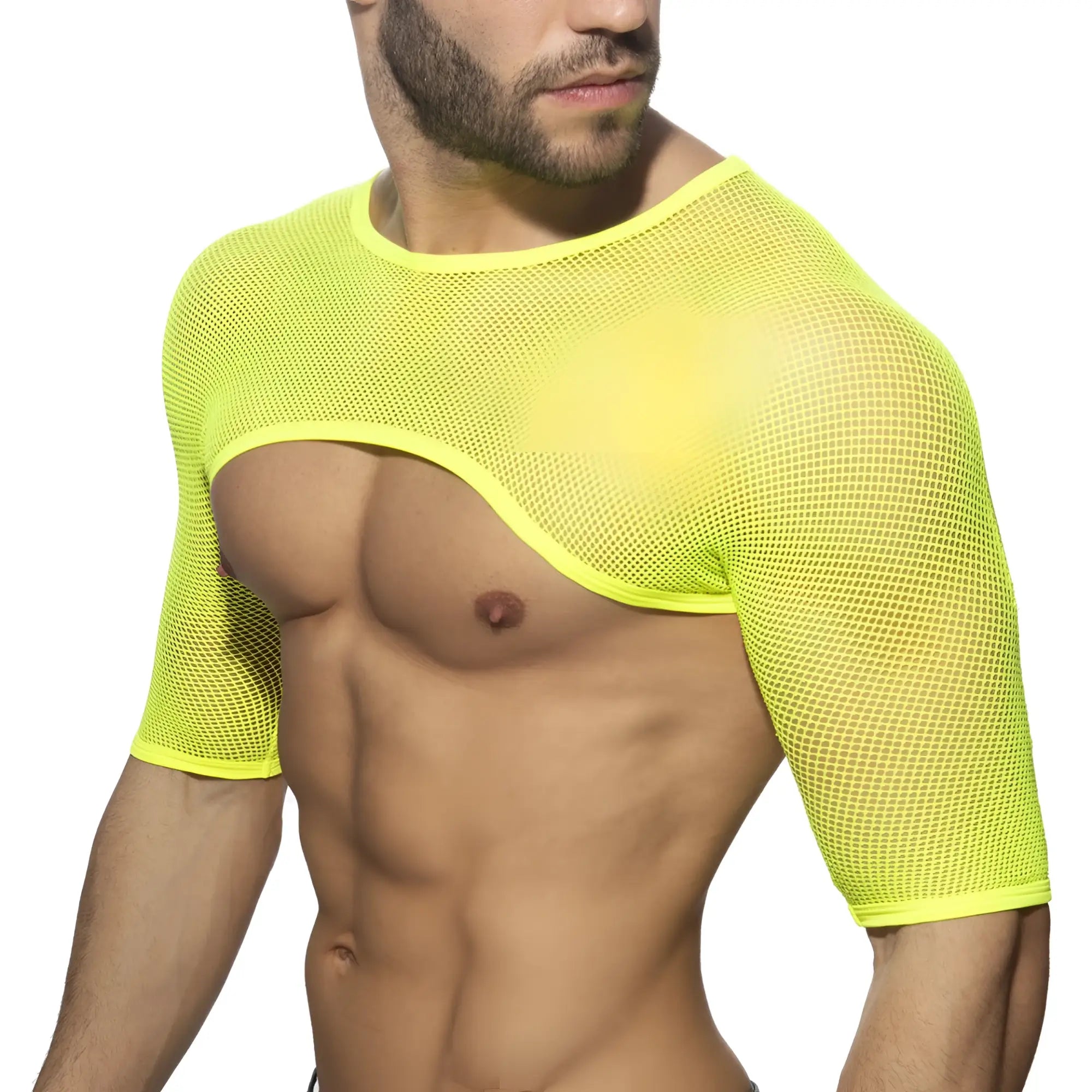 Bright neon yellow mesh shoulder top crop with short sleeves and cutout design for stylish summer wear
