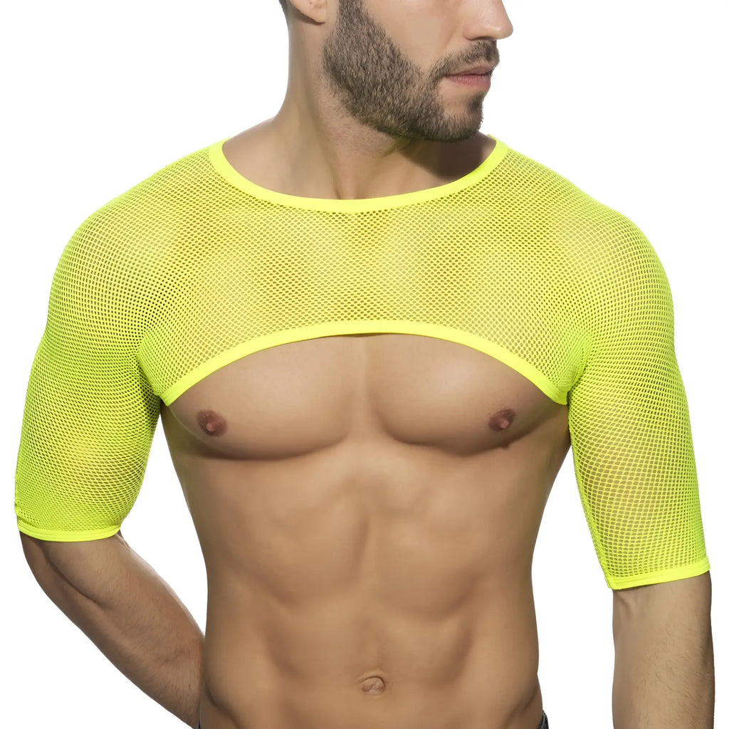 Bright neon yellow shoulder top made of mesh with short sleeves and a round neckline for stylish wear