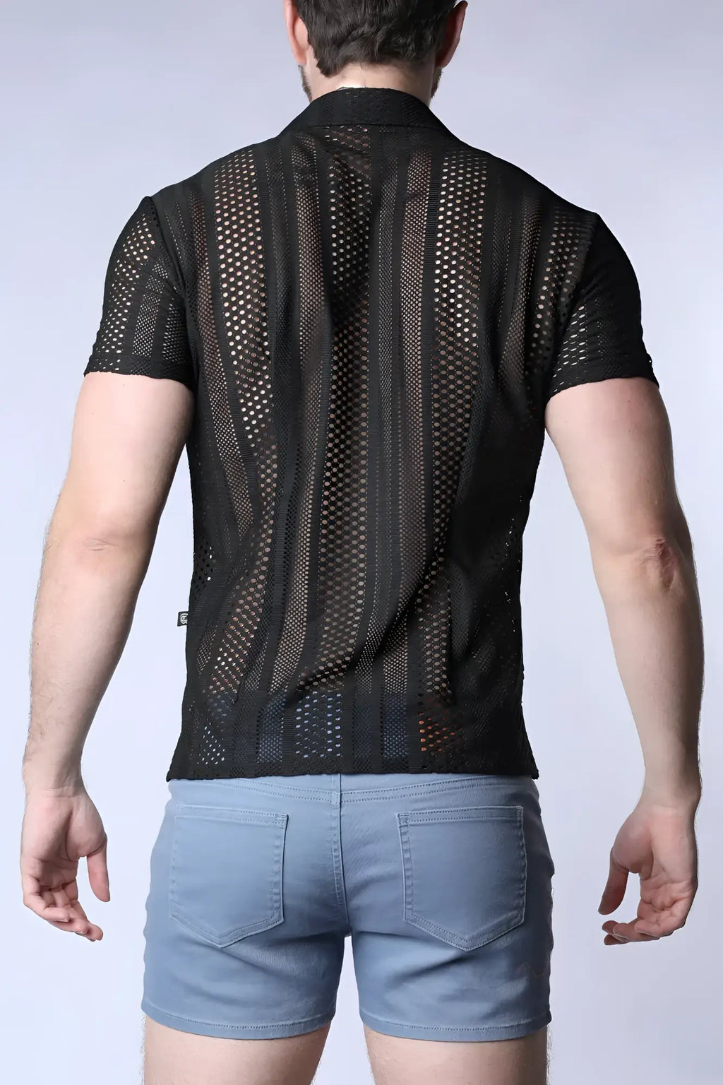 Black sicily crochet mesh shirt with short sleeves and vertical striped pattern in breathable fabric