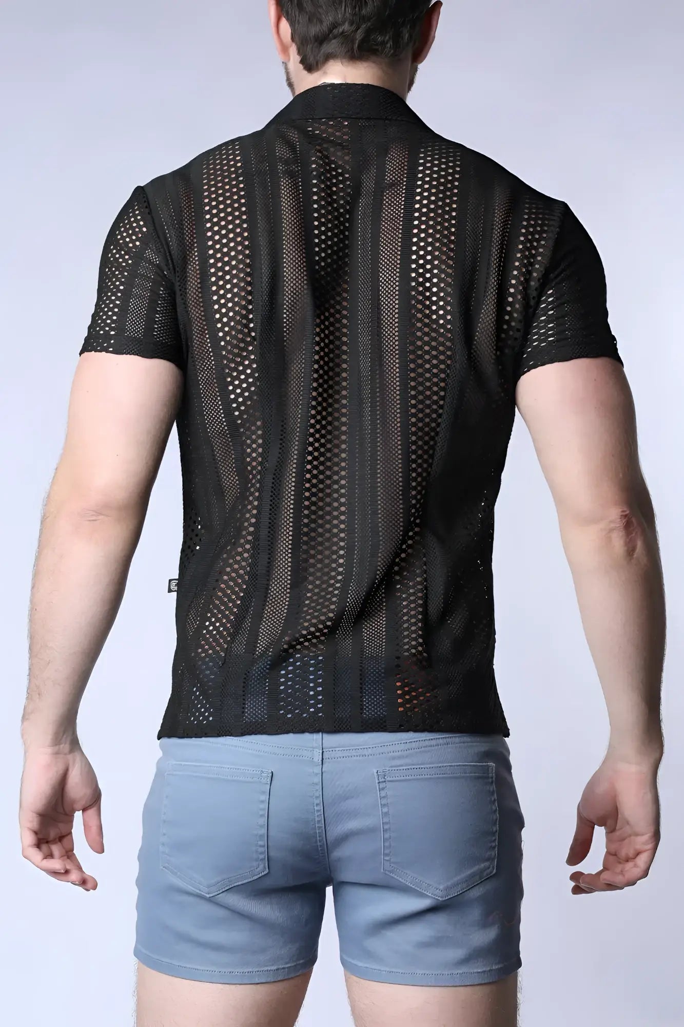 Black sicily crochet mesh shirt with short sleeves and vertical striped pattern in breathable fabric