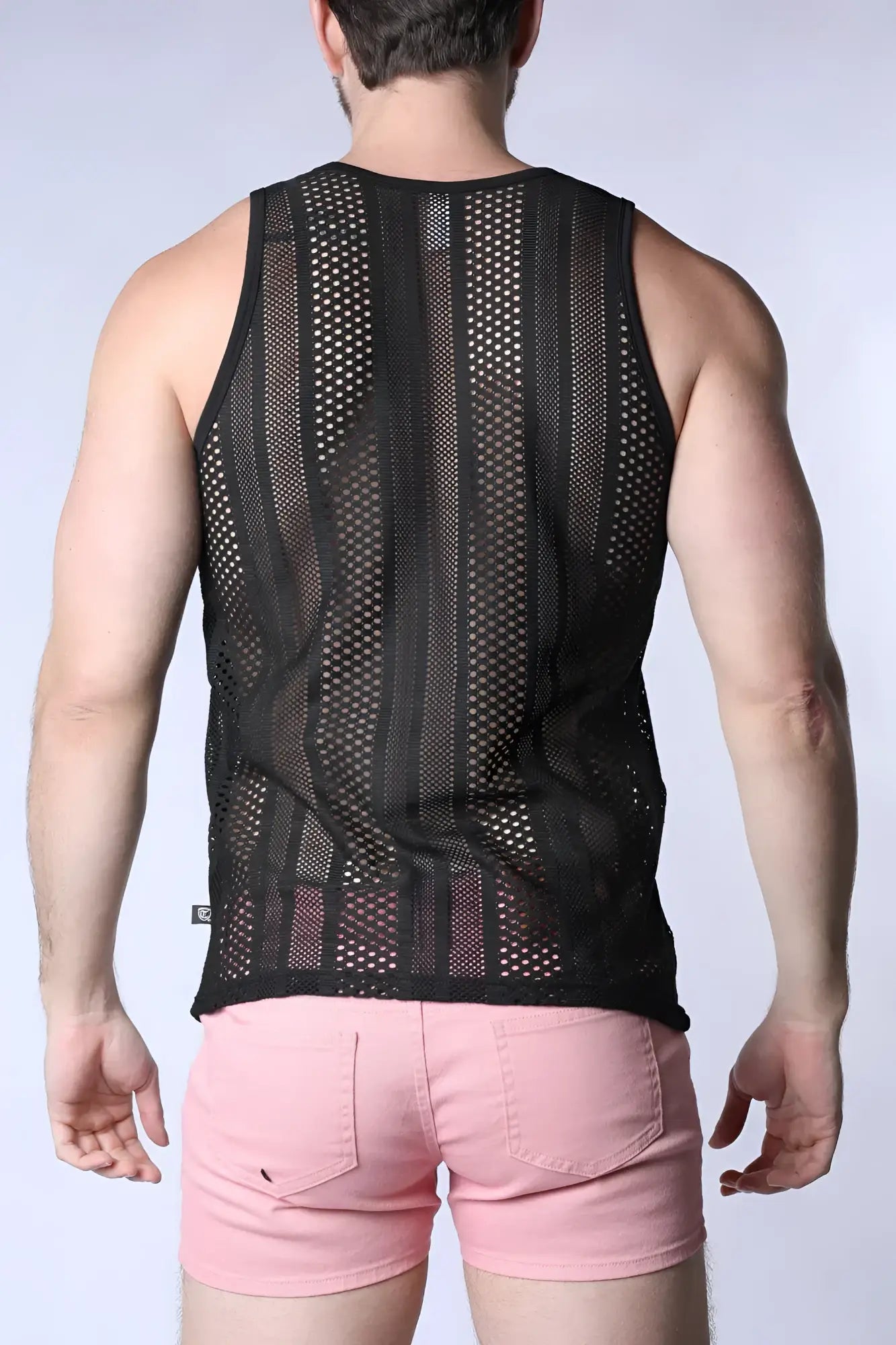 Black mesh sicily crochet tank top with vertical striped pattern showcasing lightweight breathable fabric
