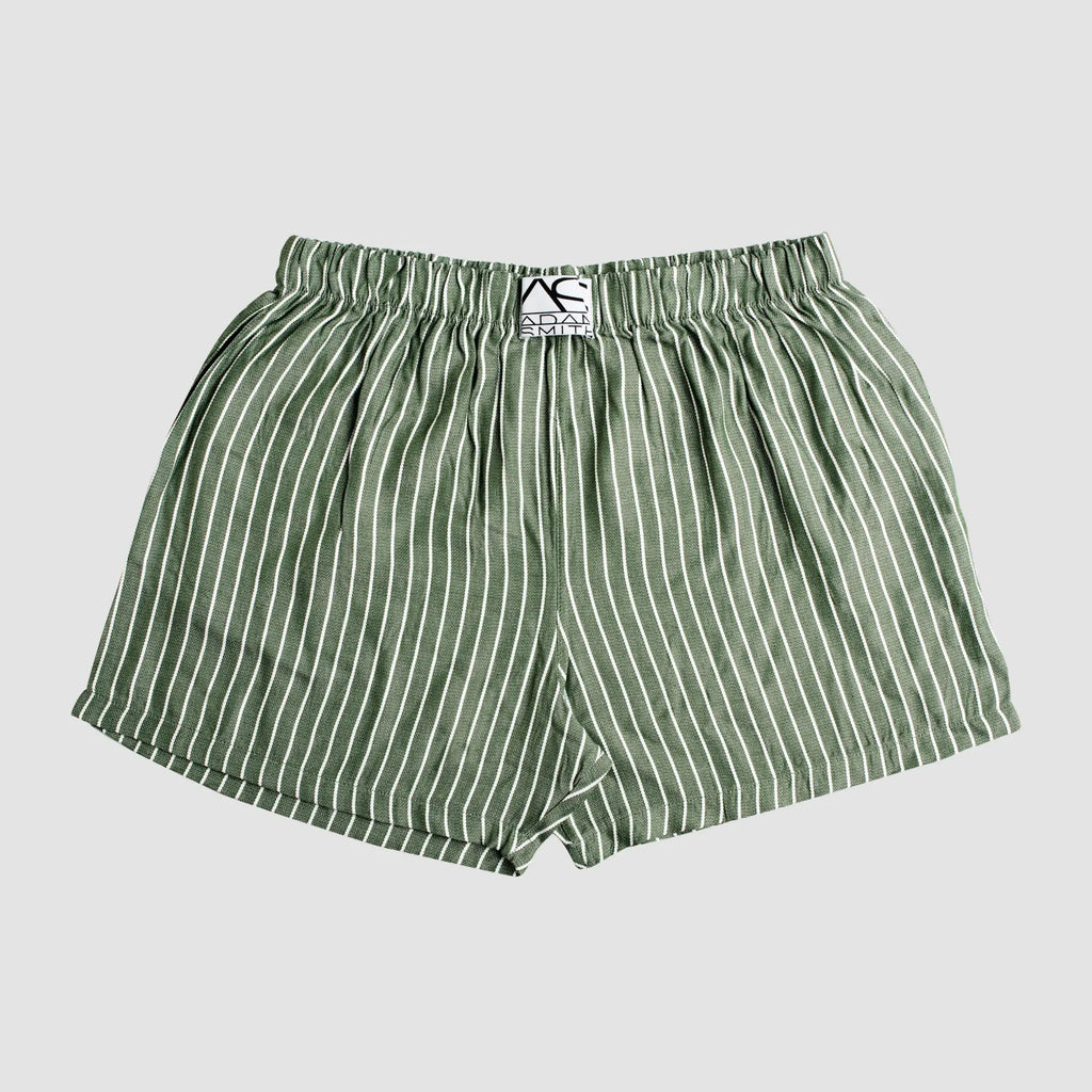 Side pocket relax boxers olive green and white striped boxer shorts with elastic waistband and black logo tag