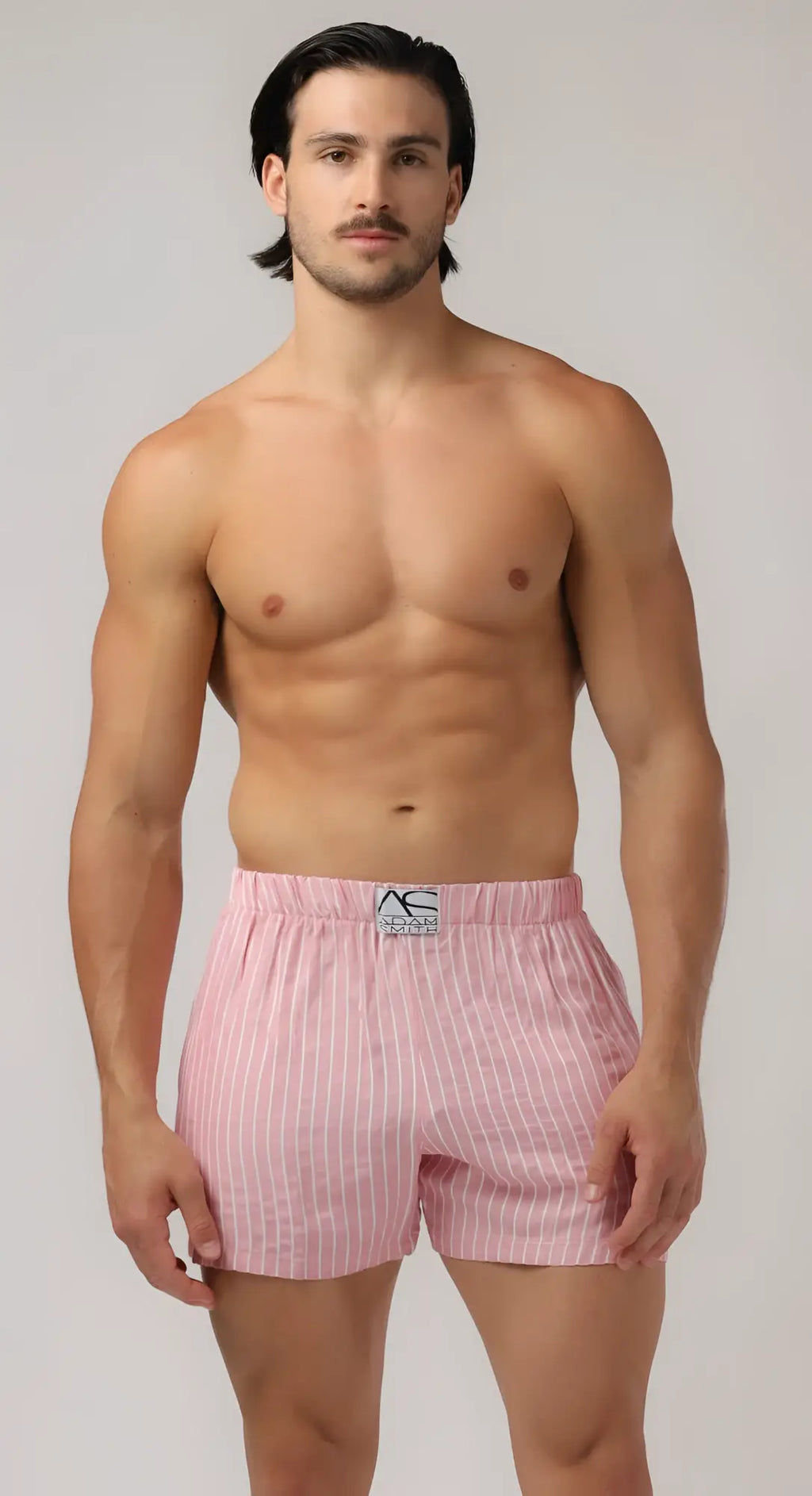 Side pocket relax boxers pink pinstripe boxer shorts with subtle elastic waistband and small logo patch