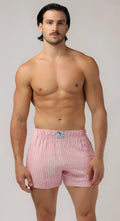 Side pocket relax boxers pink pinstripe boxer shorts with subtle elastic waistband and small logo patch