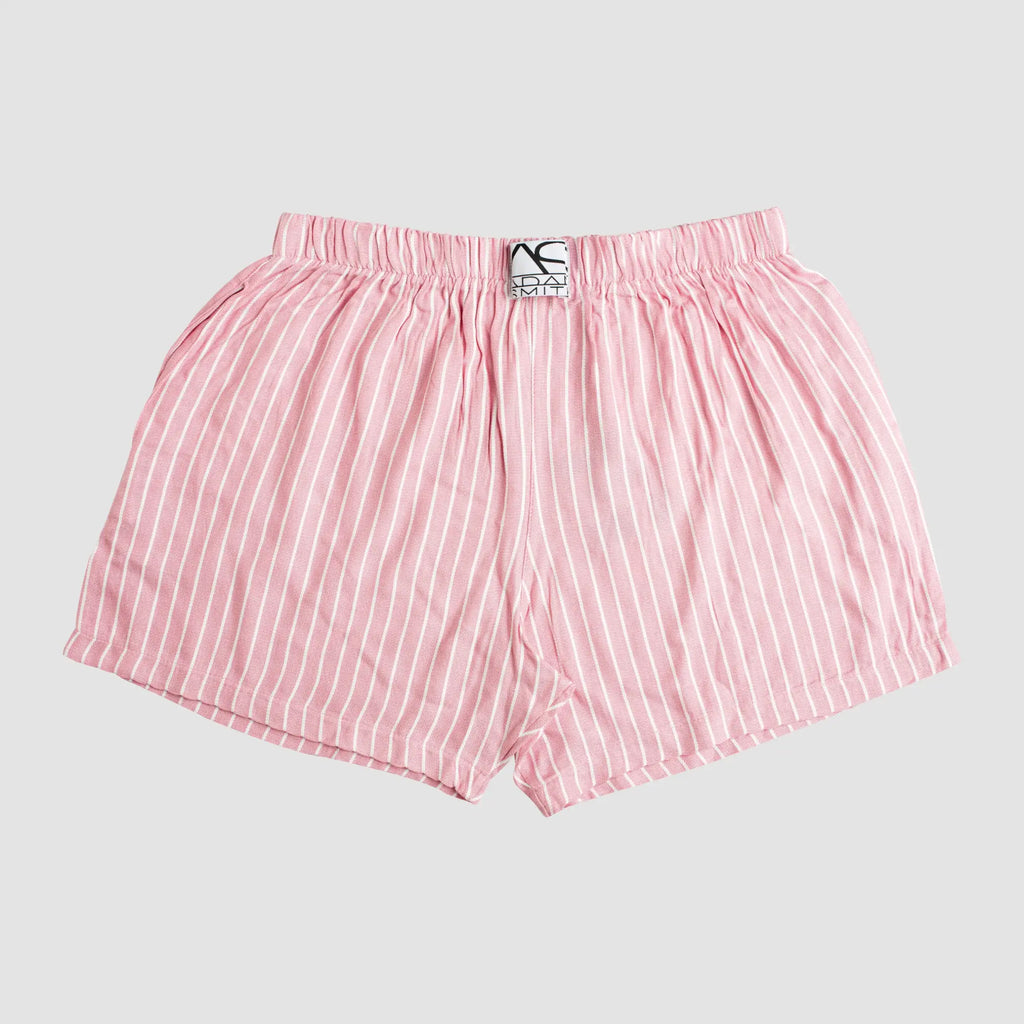 Side pocket relax boxers in pink and white striped cotton with elastic waistband for comfortable lounging