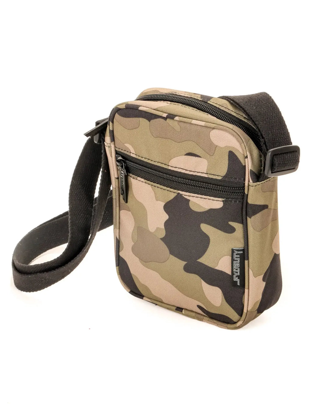 Sidekick crossbody sling bag in camouflage pattern with black zipper and strap for hands-free carry