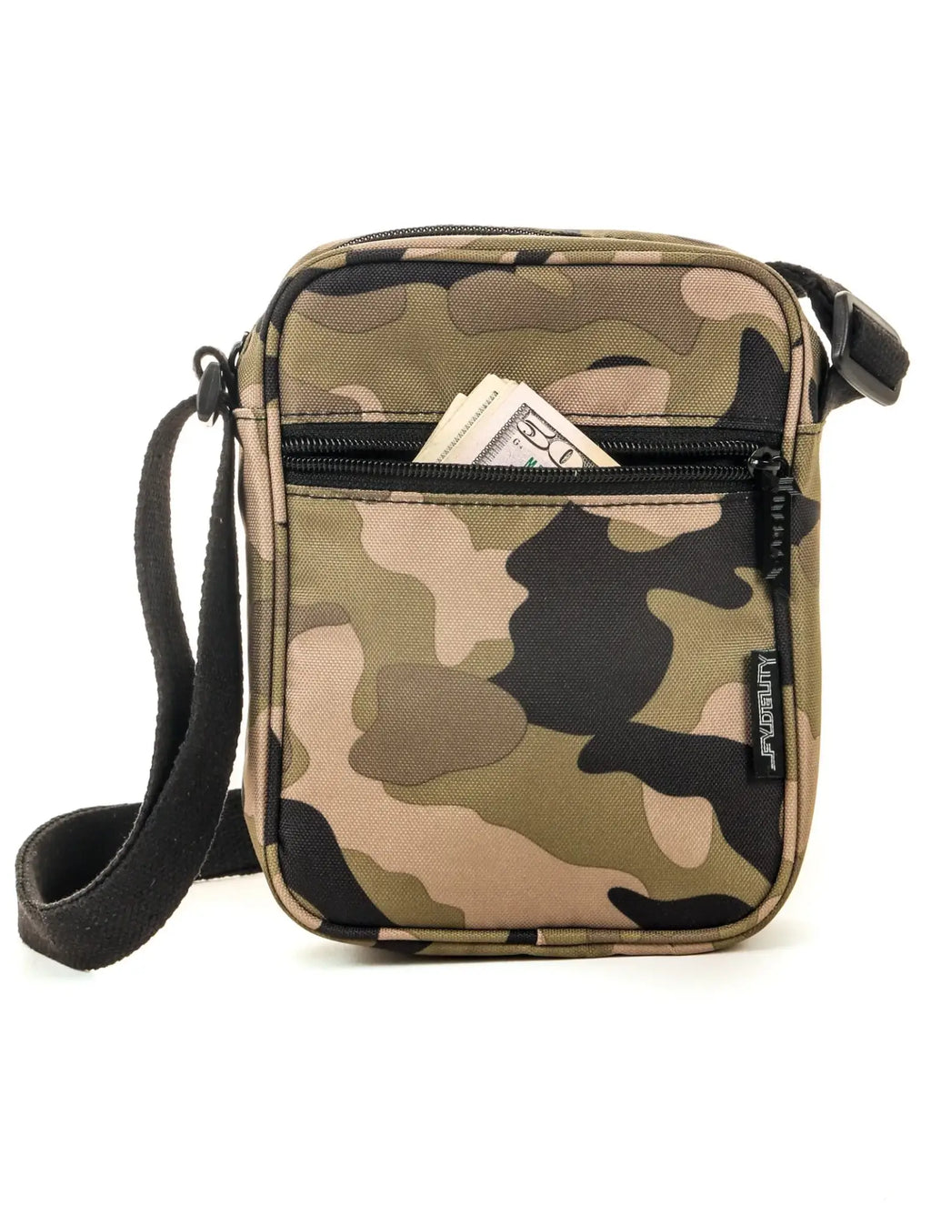 Sidekick crossbody sling bag with camouflage pattern, black zipper, and adjustable black strap for hands-free use