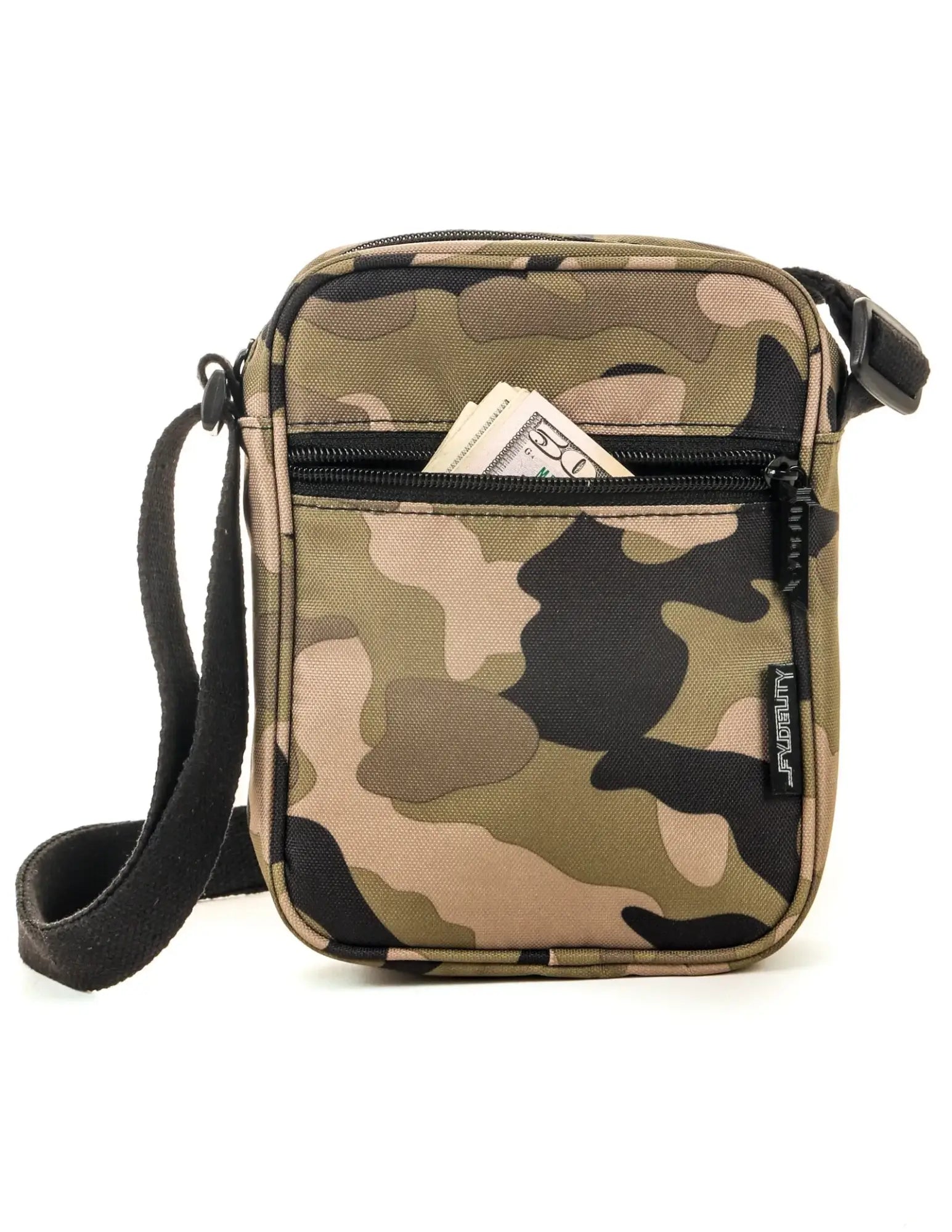 Sidekick crossbody sling bag with camouflage pattern, black zipper, and adjustable black strap for hands-free use