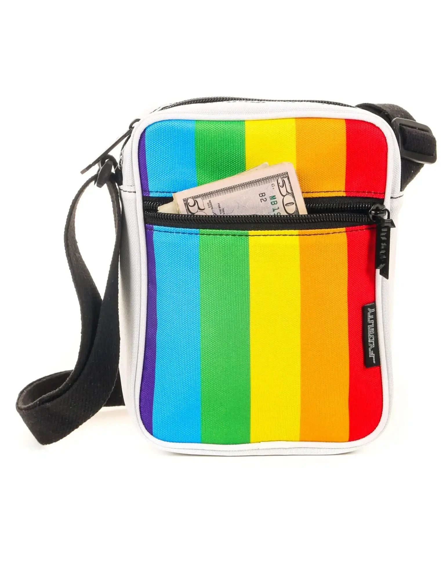 Sidekick crossbody sling bag with rainbow stripes white trim and black zipper pulls for casual use