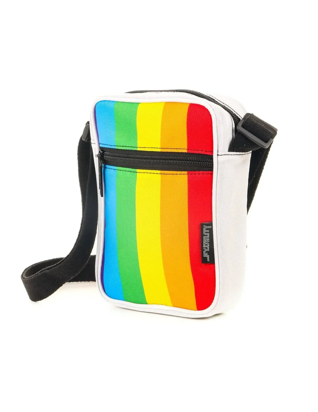 Sidekick crossbody sling bag white with vibrant rainbow stripe pattern and black zipper accents for everyday use