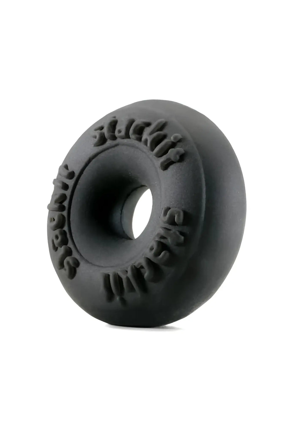 Black rubber donut shaped stackit ring with embossed text around the circumference from Sila Skin