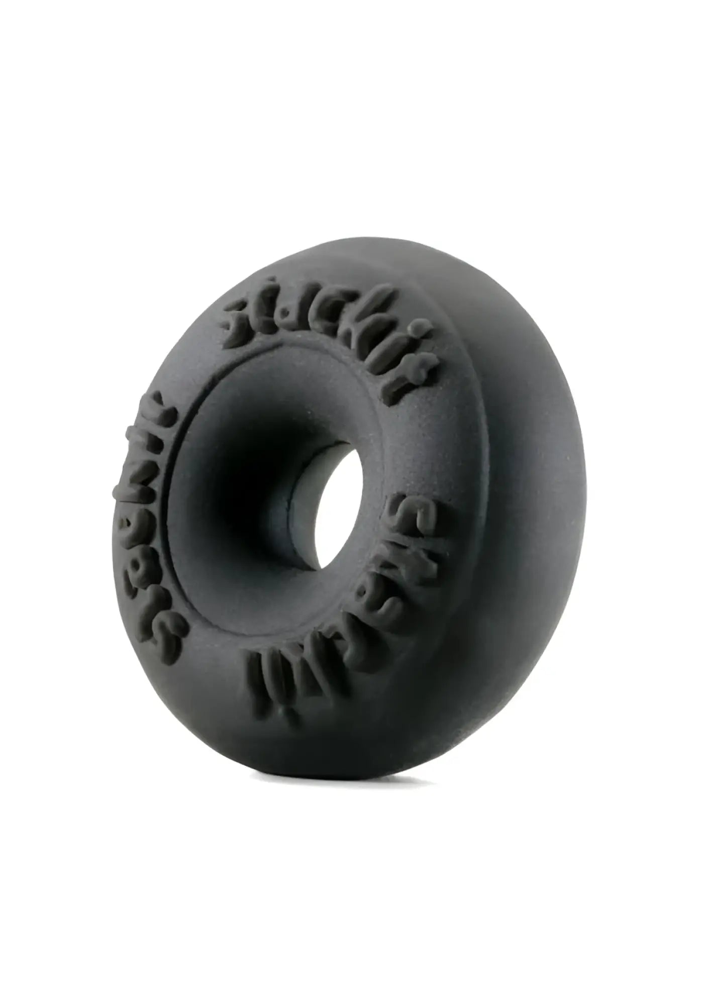 Black rubber donut shaped stackit ring with embossed text around the circumference from Sila Skin