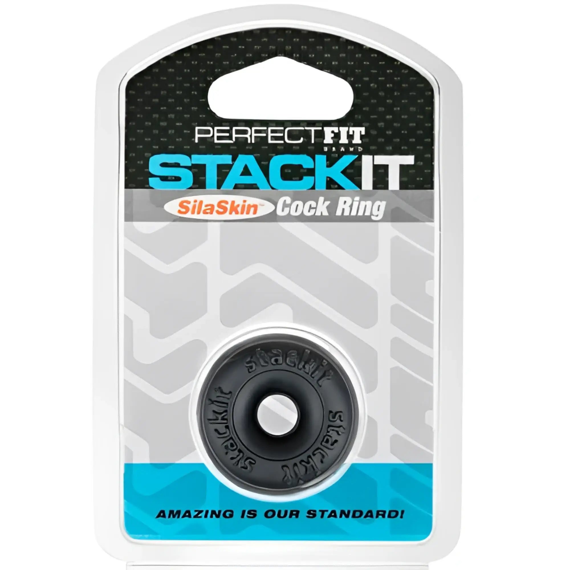 Black silaskin stackit cock ring in branded packaging showcasing soft silicone material and ergonomic design