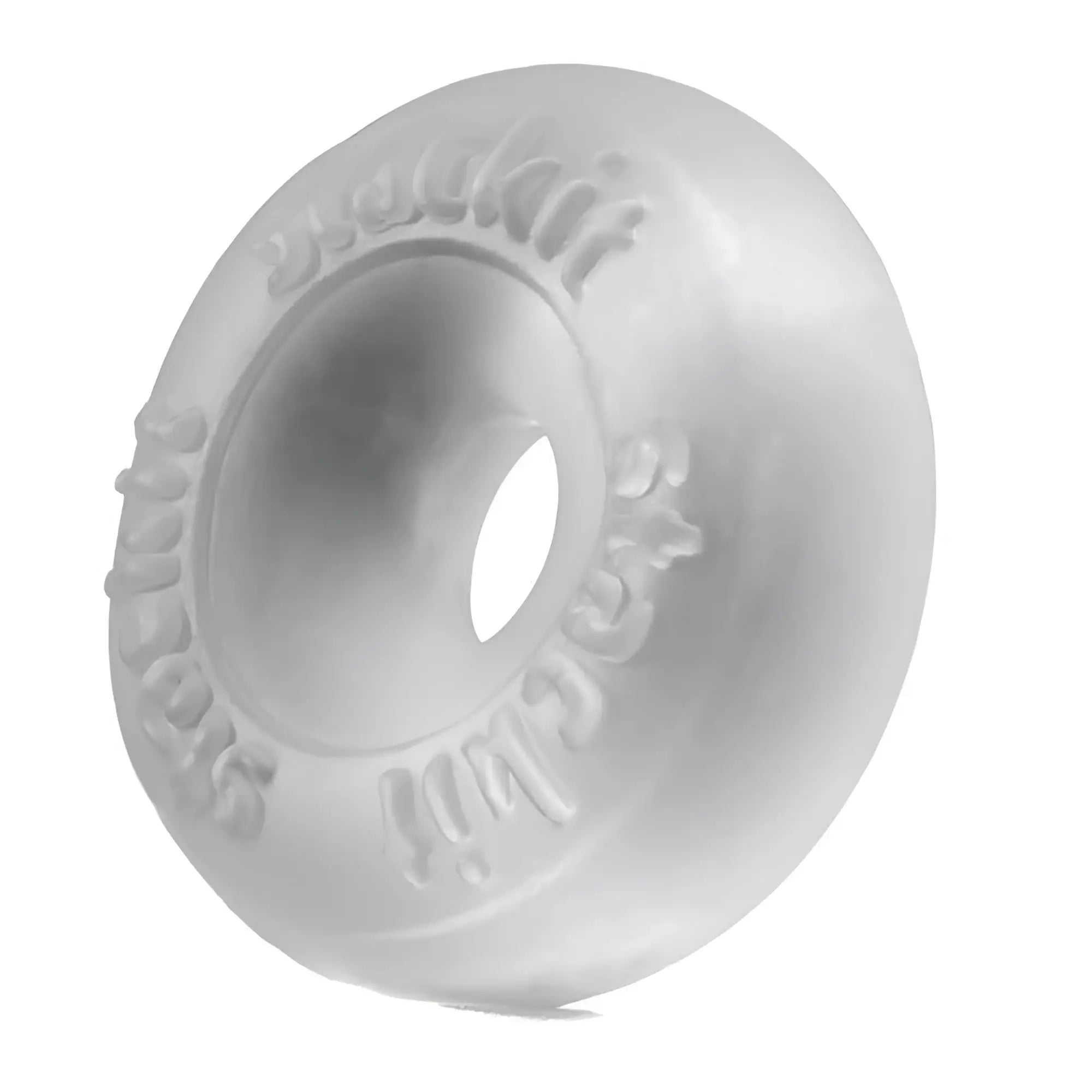 Clear translucent plastic donut shaped sila skin stackit ring with embossed text around its circumference