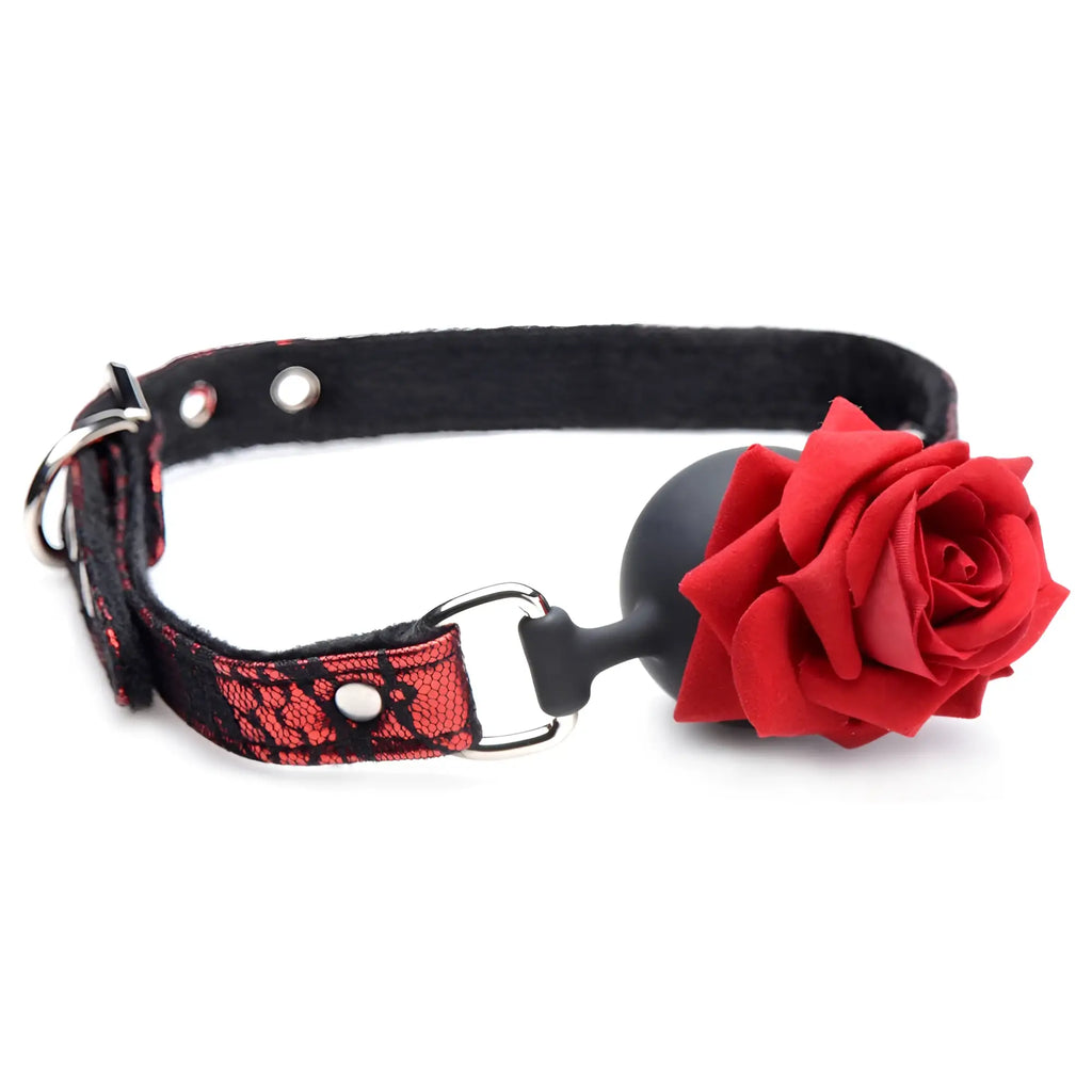 Silicone ball gag with black lace strap red floral pattern silver hardware and black ball topped with red fabric rose