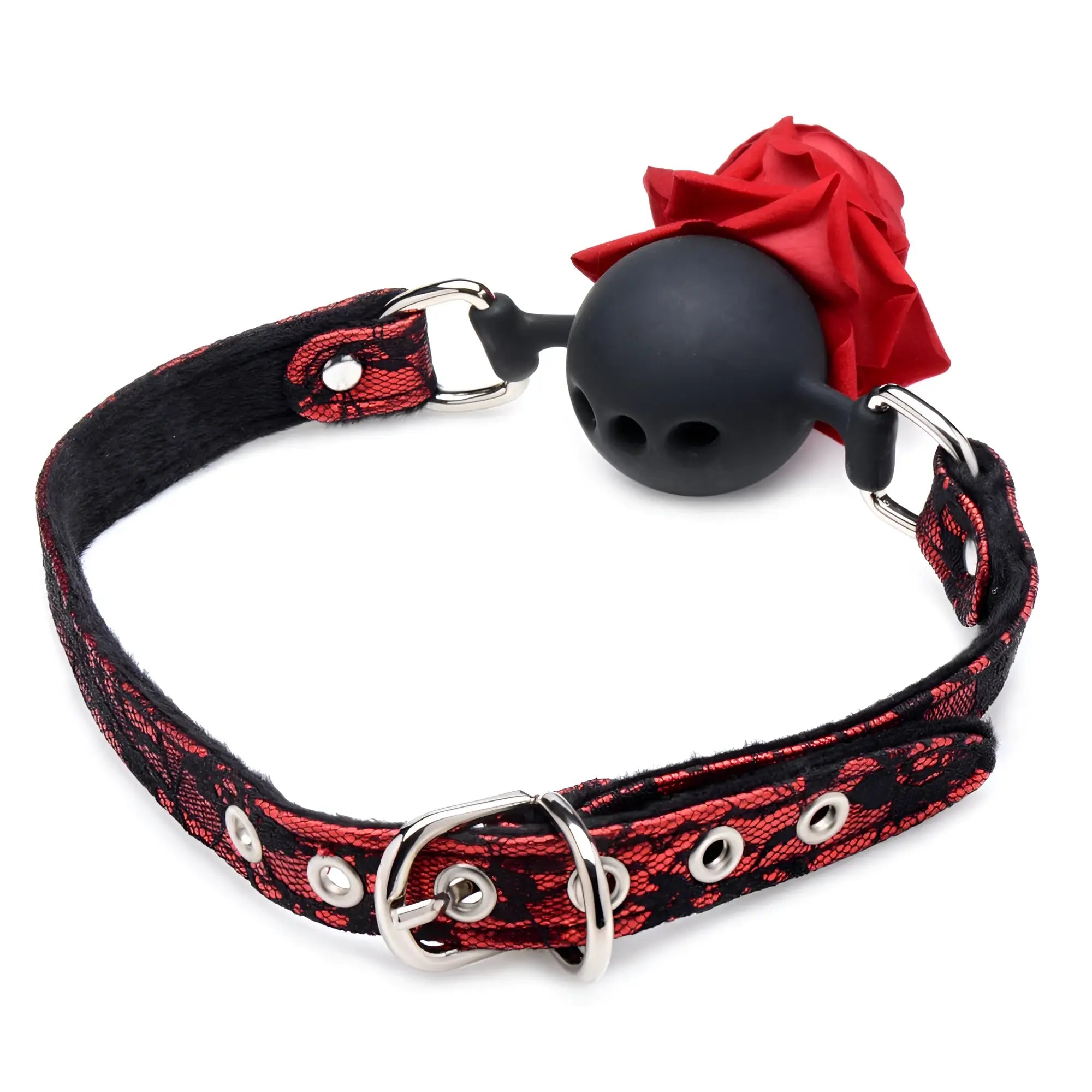 Black silicone ball gag with red lace rose decoration and silver metal hardware on black and red patterned fabric collar