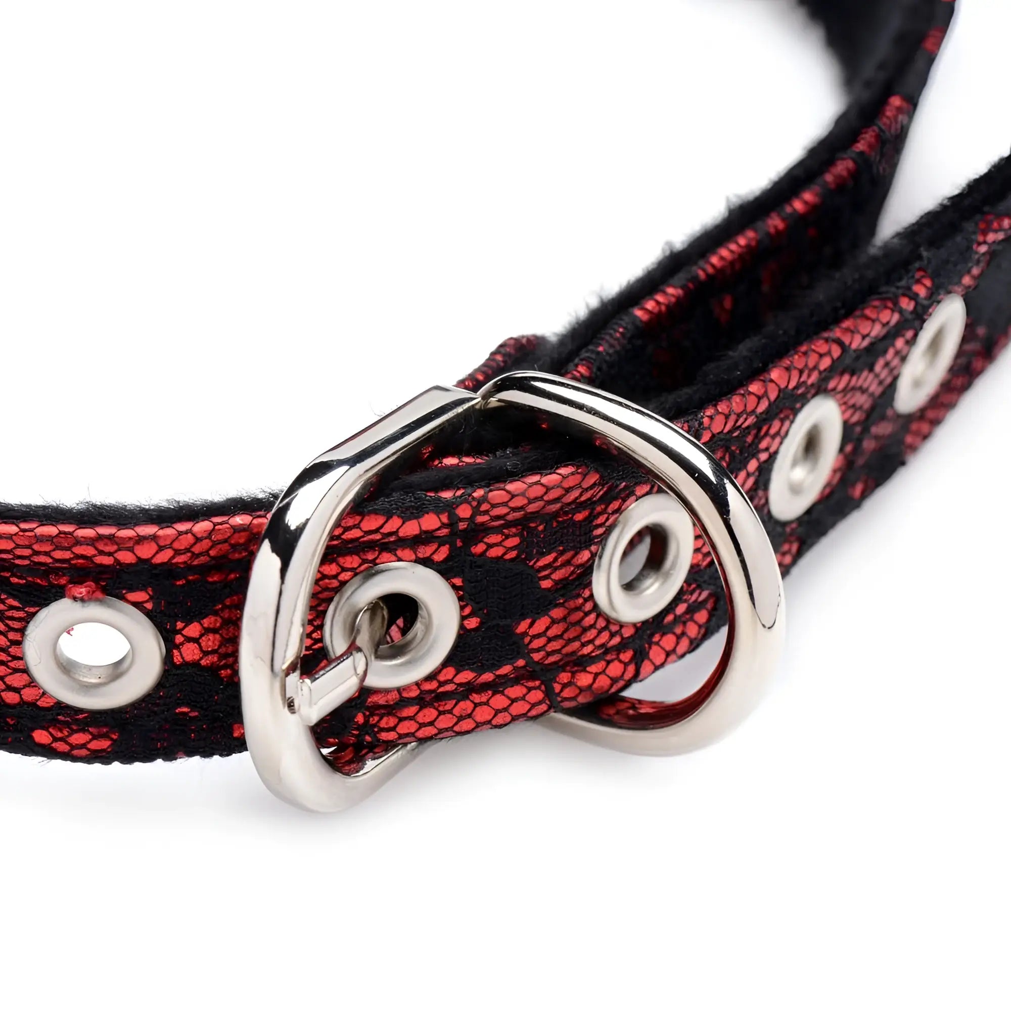 Red and black lace dog collar with silver metal buckle and eyelets paired with silicone ball gag with rose