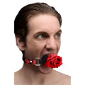 Silicone ball gag with red rose and black and red patterned fabric strap with silver buckle for intimate use