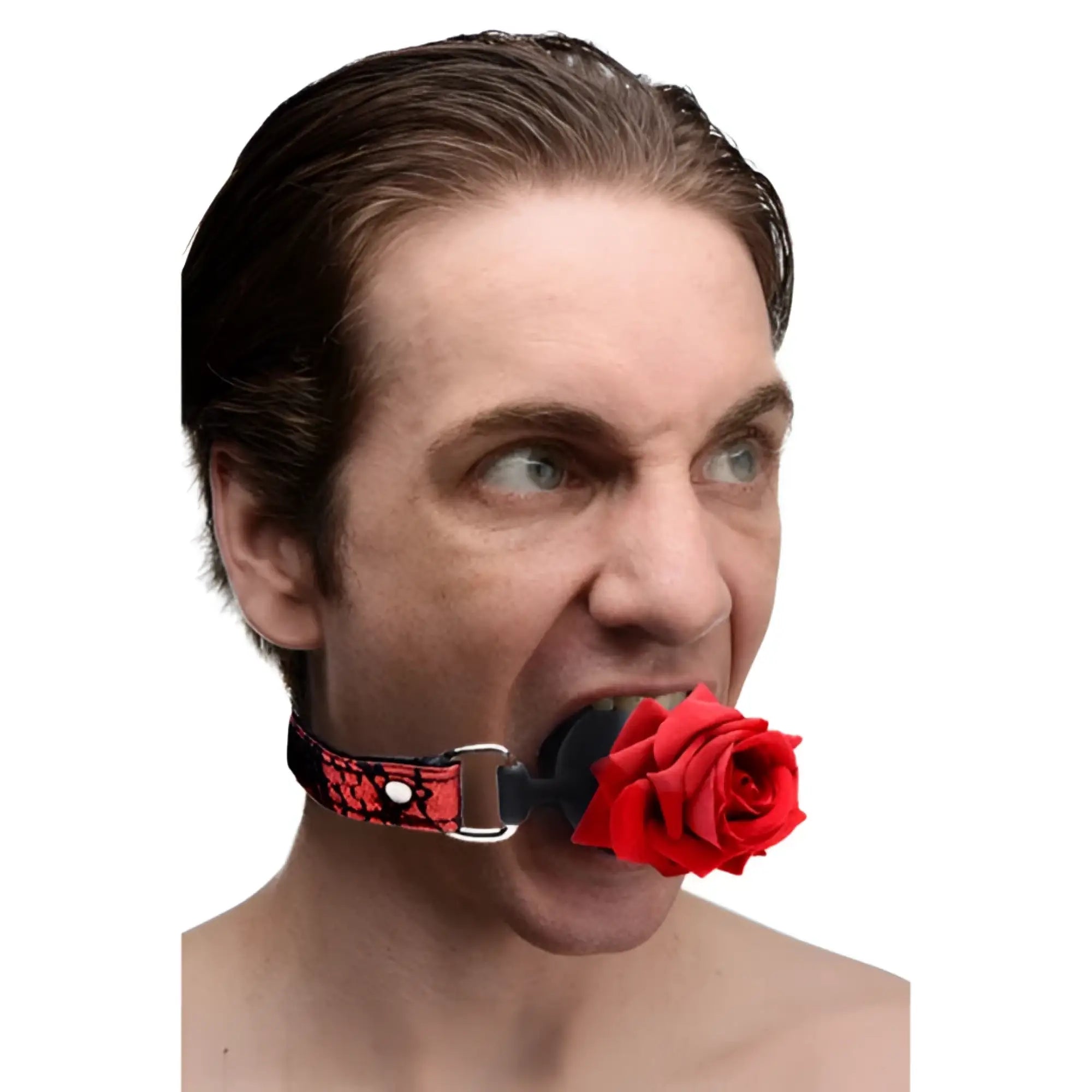 Silicone ball gag with red rose and black and red patterned fabric strap with silver buckle for intimate use