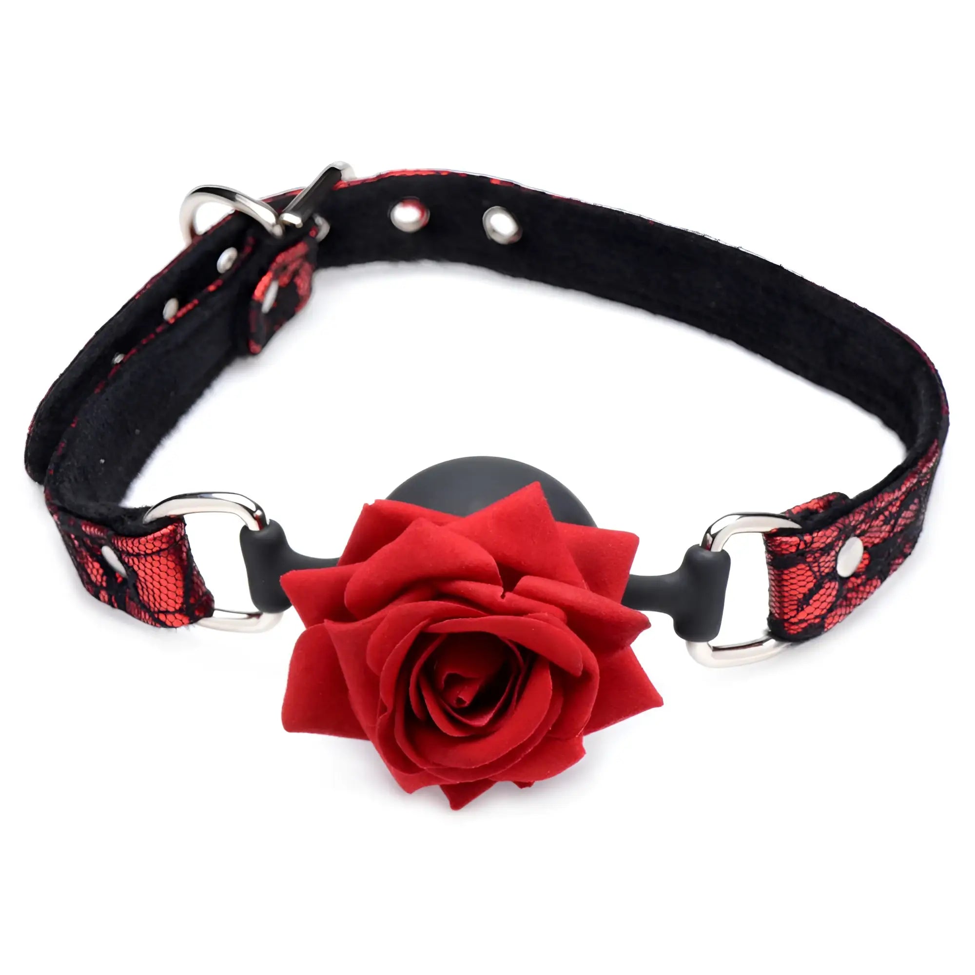 Silicone ball gag shaped like a red rose with black lace trim strap and silver hardware for intimate use