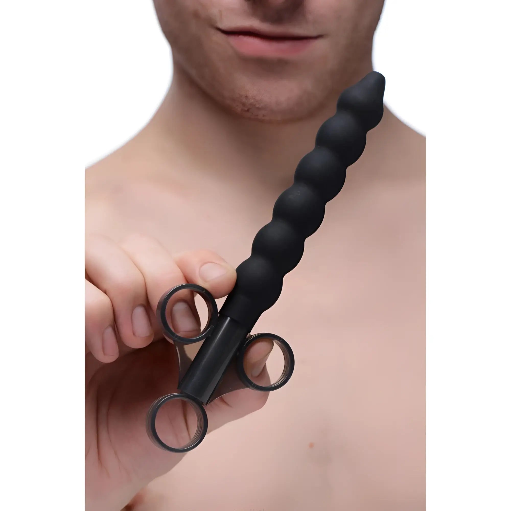 Black silicone beaded lubricant launcher anal plug with three metal rings at the base shown from the back side