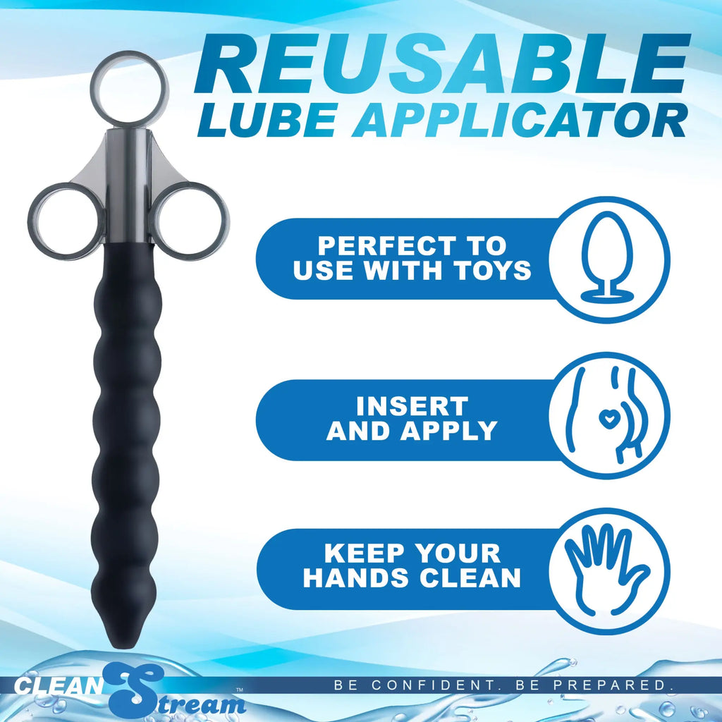 Black textured silicone beaded lubricant launcher with metallic handle and three circular rings at the top
